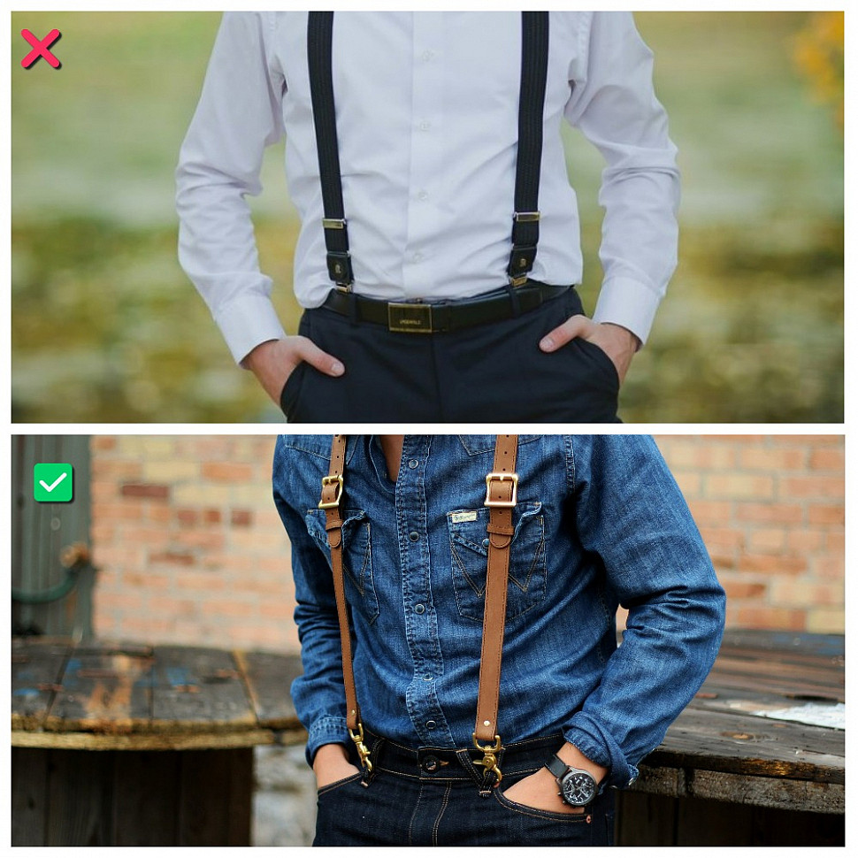 Мужские подтяжки и ремень в одном образе