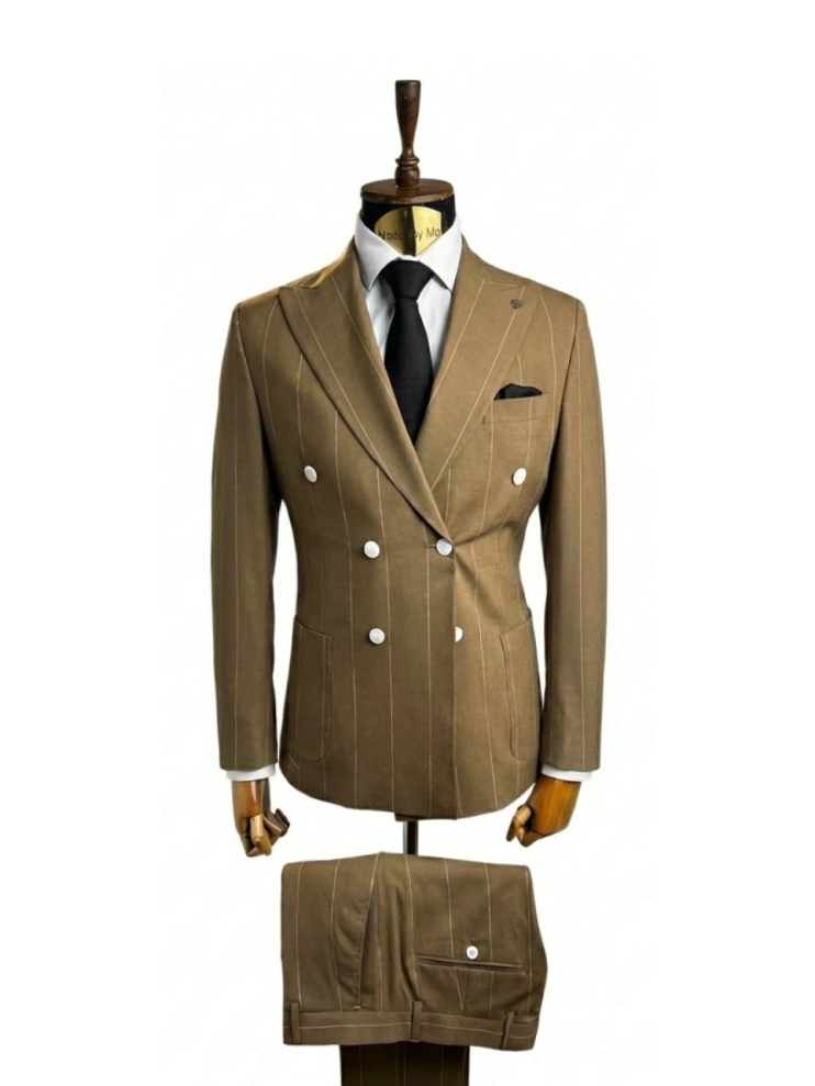 Костюм MAZALTOVMAN 2-ка Двубортный Premium Темно-бежевый в полоску